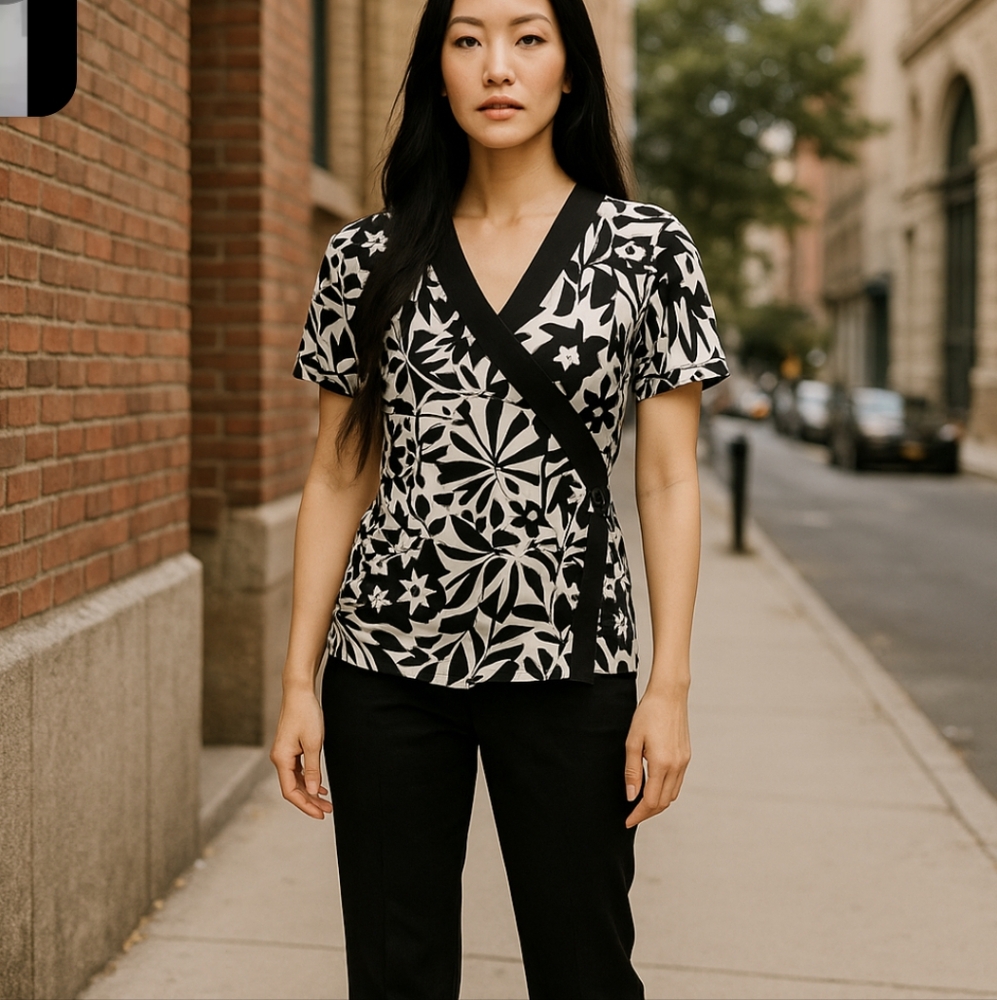Pierri New York Short Sleeve White & Black Floral Top